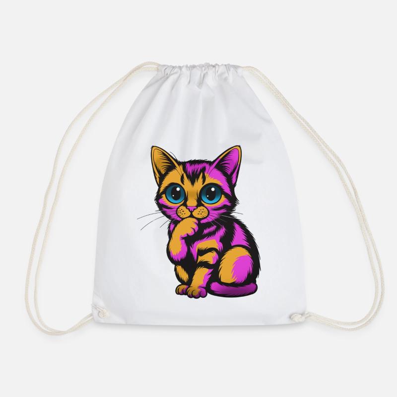Colorful Pensive Cat Neon Colors - Drawstring Bag - white
