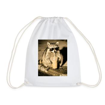 Raccoon Drinking Iced Coffee, Funny Raccoon Photo - Drawstring Bag - white - Front