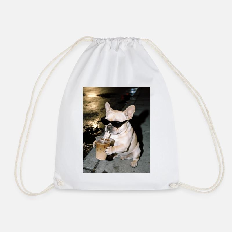 French Bulldog Drinking Iced Coffee - Drawstring Bag - white