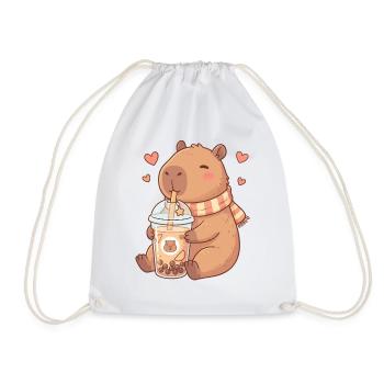 Cozy Kawaii Capybara Sips Boba Tea - Drawstring Bag - white - Front