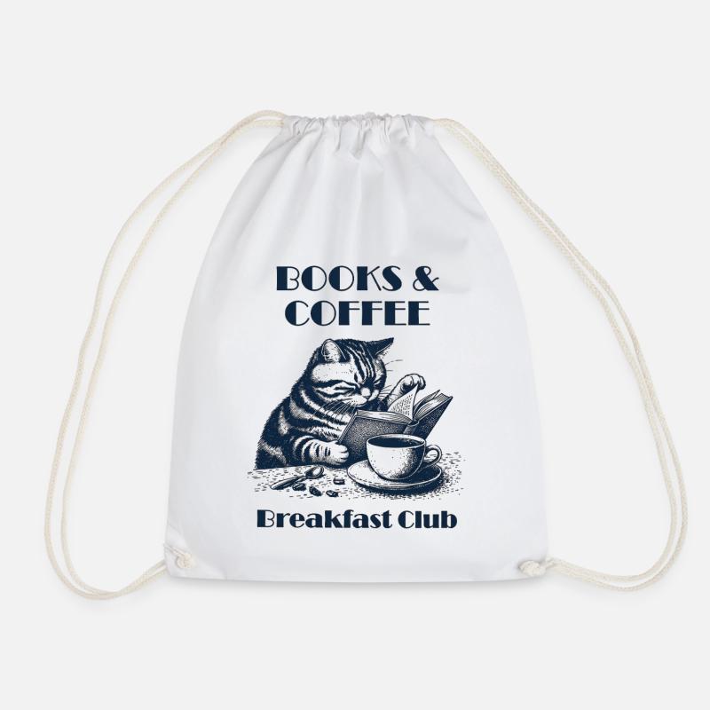 Reading Cat – Books & Coffee - Drawstring Bag - white