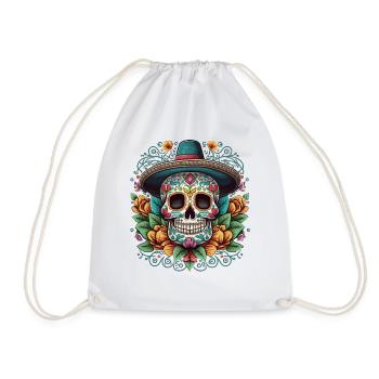 Sugar Skull with Hat and Floral Aztec - Drawstring Bag - white - Front