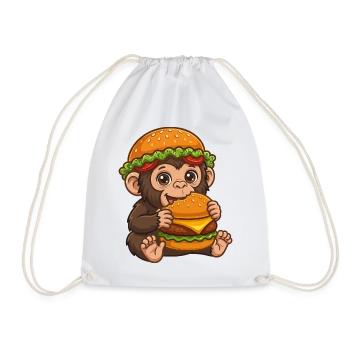 Cute Monkey with Burger Cartoon Motif - Drawstring Bag - white - Front