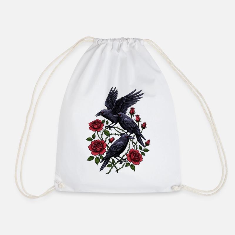 Crows and Red Roses - Gothic Aesthetic - Drawstring Bag - white