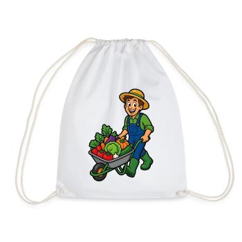 Cheerful gardener and wheelbarrow of vegetables - Drawstring Bag - white - Front