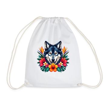 Wolf's Head with Tropical Flowers - Drawstring Bag - white - Front