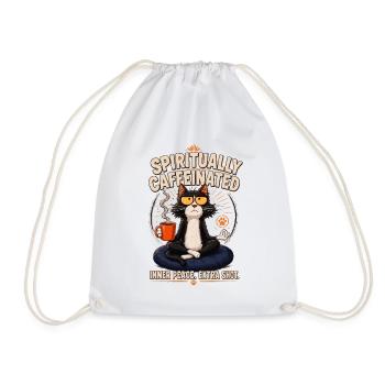 Spirited Cat Coffee Meditation - Drawstring Bag - white - Front