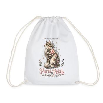 Purrs & Petals – Romantic Flower Cat - Drawstring Bag - white - Front