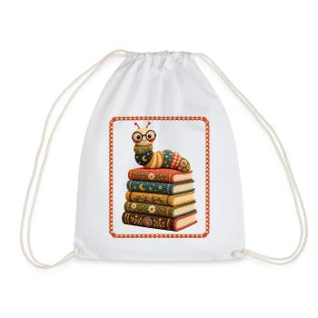 Cozy Crochet Bookworm on Books Stack - Drawstring Bag - white - Front