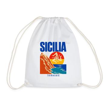 Sicilia Travel Poster, Trinacria Sicilian Flag Pri - Drawstring Bag - white - Front