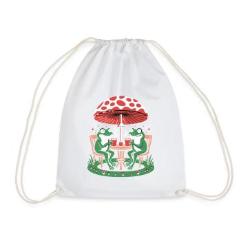 Happy frogs coffee break under mushroom umbrella - Drawstring Bag - white - Front