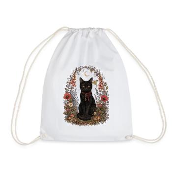 Black Cat in Floral  - Drawstring Bag - white - Front