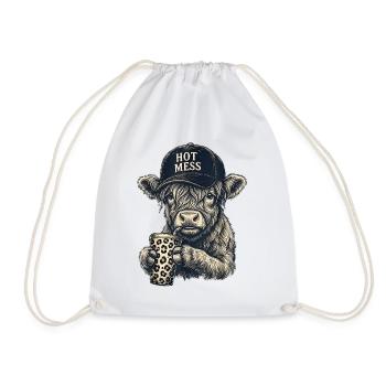 Hot Mess Cow with Leopard Mug - Drawstring Bag - white - Front