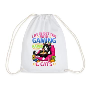 Gamer Gaming Cat Ramen Video Game - Drawstring Bag - white - Front