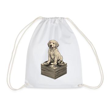 Funny Dog Sitting on Retro Music Records - Drawstring Bag - white - Front