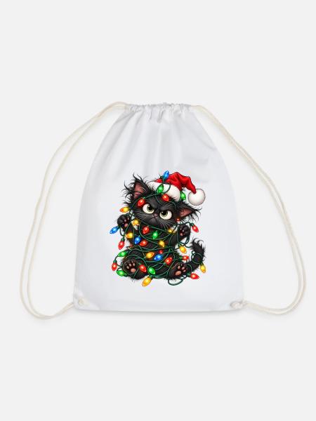 Weihnachten Katze Geschenkidee Lichterkette - Turnbeutel - Weiß