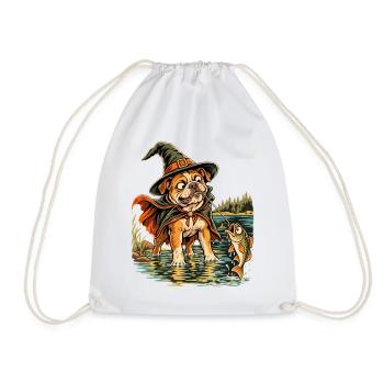 Halloween Bulldogge Hexenhut Angelhund für Angler - Turnbeutel - Weiß - Vorne