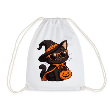 Halloween-Katze mit Kürbiskorb - Turnbeutel - Weiß - Vorne