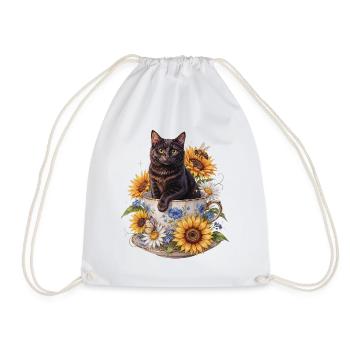 Schwarzer Kater in Teetasse mit Sonnenblumen - Turnbeutel - Weiß - Vorne