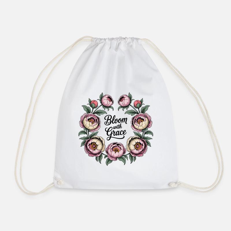 Bloom with Grace – Peony Wreath - Drawstring Bag - white