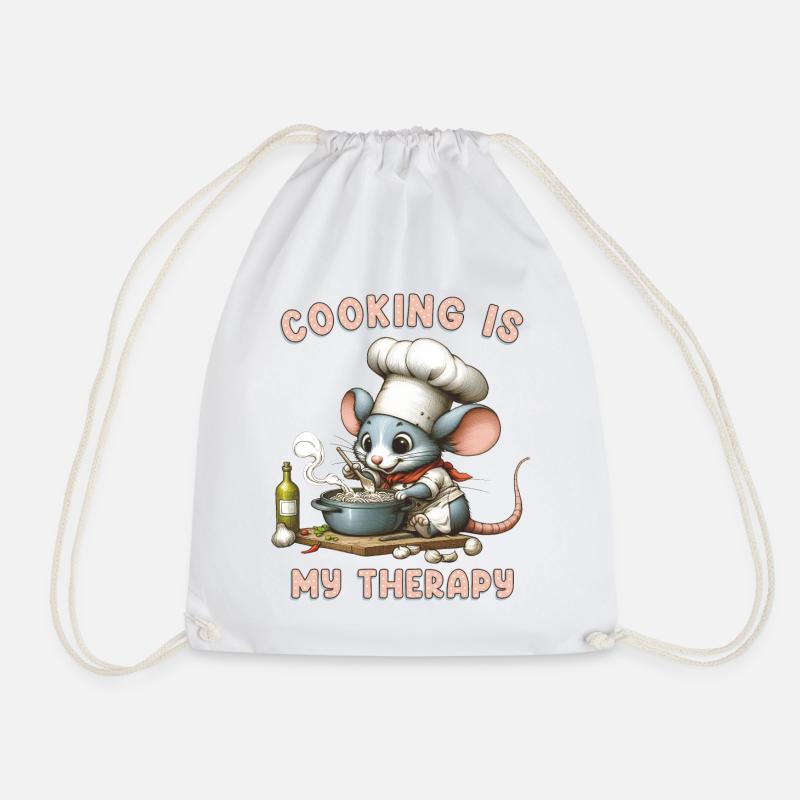 Rat Mouse Cook Chef Gift Cooking Is My Therapy - Drawstring Bag - white