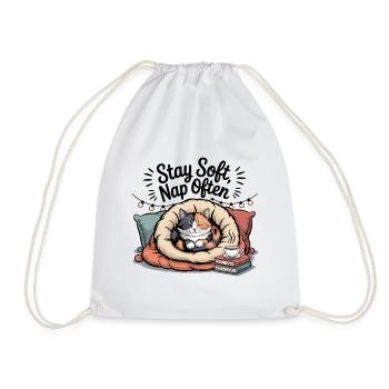 Stay Soft, Nap Often – Cuddly Cat - Drawstring Bag - white - Front