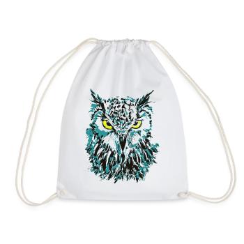 Owl Drawing - Blue Owl with Shining Eyes - Drawstring Bag - white - Front