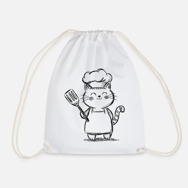Cute Cat in the Kitchen - Cat Chef Drawing - Drawstring Bag - white