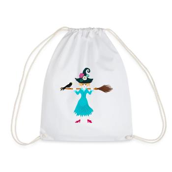 Jeune sorcière avec balai et corbeau - Sac de sport léger - blanc - Devant