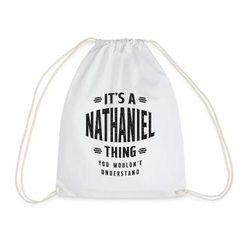 Es ist ein personalisierter Name von Nathaniel Thing - Turnbeutel - Weiß - Vorne