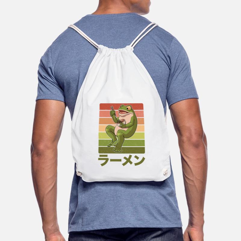 Toad frog eats ramen soup design for a Drawstring Bag