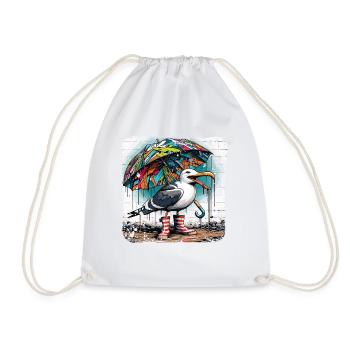 Street art seagull with umbrella and rubber boots - Drawstring Bag - white - Front