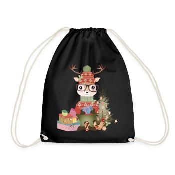 Deer with Christmas presents, glasses and hat - Drawstring Bag - black - Front