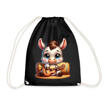 Cute donkey with guitar on straw bale - Drawstring Bag - black - Front