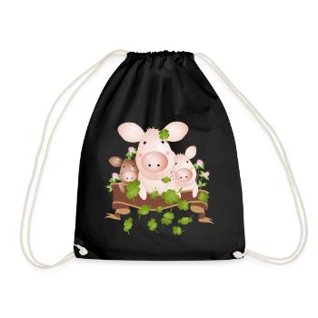 three lucky pigs with four-leaf clovers - Drawstring Bag - black - Front