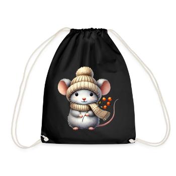 Adorable mouse with a warm knitted hat - Drawstring Bag - black - Front