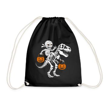 Mumie Skelett mit Halloween Kürbis und Trex Dino - Turnbeutel - Schwarz - Vorne