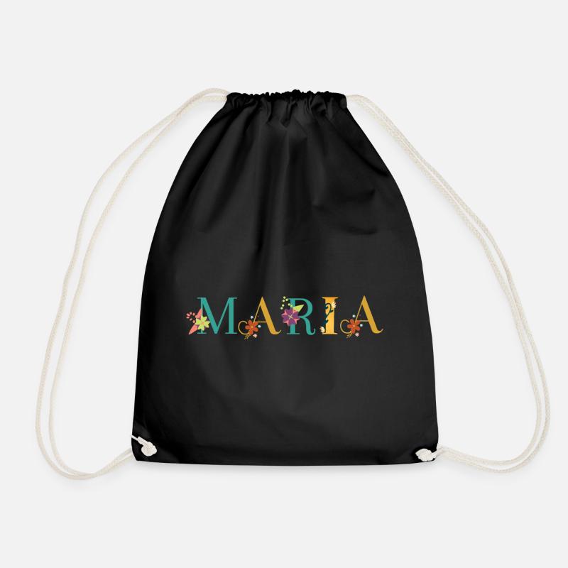 MARIA Name Art With Flowers Embroidered - Drawstring Bag - black