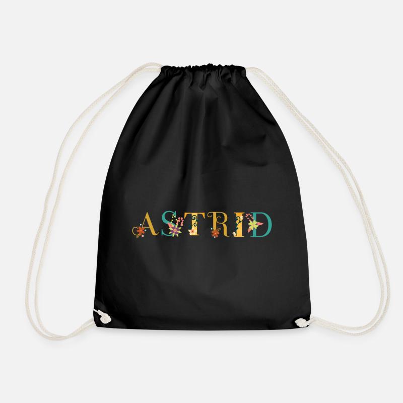 ASTRID Name Art With Flowers Embroidered - Drawstring Bag - black