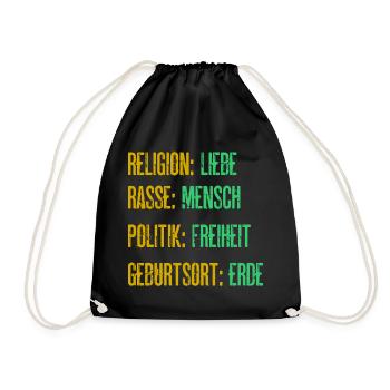 Religion Liebe Rasse Mensch Politik Freiheit - Turnbeutel - Schwarz - Vorne