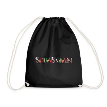 SEBASTIAN Name Art With Flowers Embroidered - Drawstring Bag - black - Front