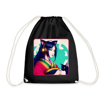 Mignonne anime manga fille avec chats et écouteurs - Sac de sport léger - noir - Devant