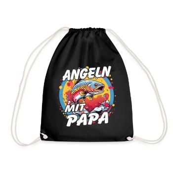 Angeln mit Papa. Buntes Angelmotiv - Turnbeutel - Schwarz - Vorne
