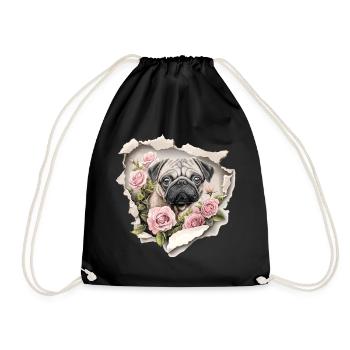 Mops Blumen Vintage - Turnbeutel - Schwarz - Vorne