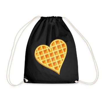 goldbraune Waffel in Herz Form mit Puderzucker - Turnbeutel - Schwarz - Vorne