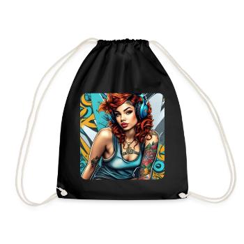 Fille cool avec des cheveux roux, des tatouages et des écouteurs - Sac de sport léger - noir - Devant