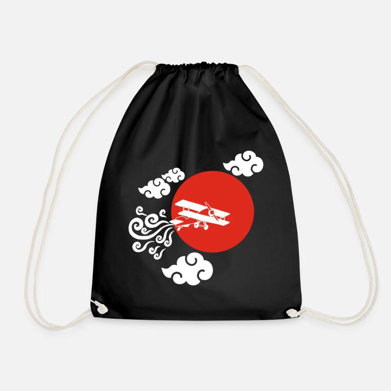 White Airplane and Red Sun - Drawstring Bag - black