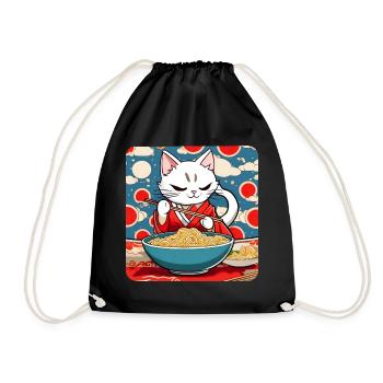Cute Asian cat and ramen noodles - Drawstring Bag - black - Front