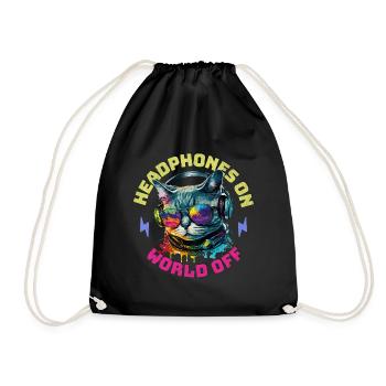 Katze Kopfhörer Musik Headphones On World Off - Turnbeutel - Schwarz - Vorne