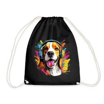 Bunter Beagle mit Kopfhörer Farbspritzer - Turnbeutel - Schwarz - Vorne